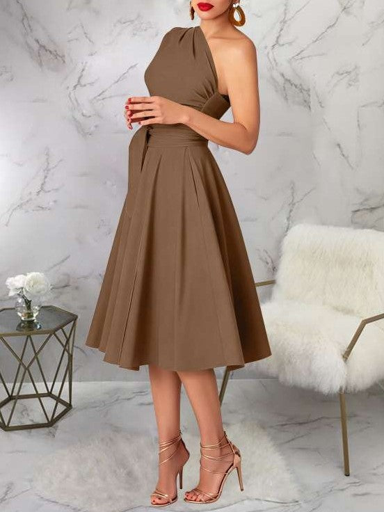 Charming One Shoulder Solid Pleated Sleeveless Brown Midi Dress