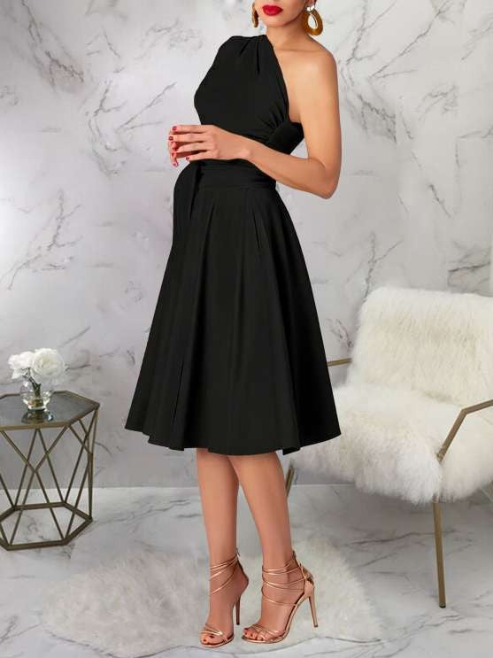 Charming One Shoulder Solid Pleated Sleeveless Black Midi Dress