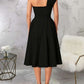 Charming One Shoulder Solid Pleated Sleeveless Black Midi Dress