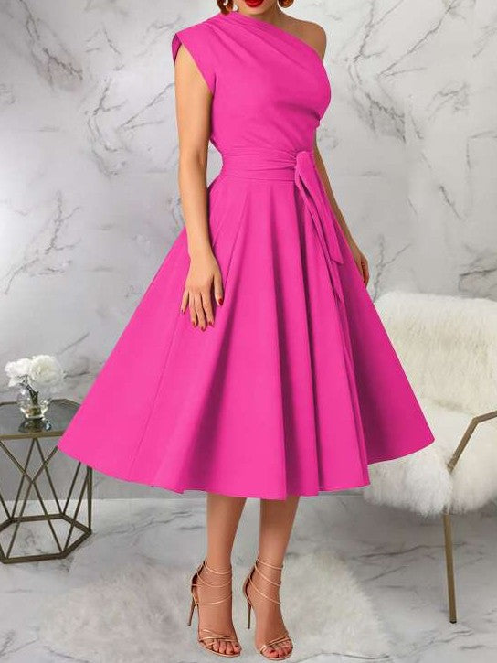 Charming One Shoulder Solid Pleated Sleeveless Pink Midi Dress