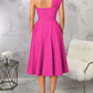 Charming One Shoulder Solid Pleated Sleeveless Pink Midi Dress