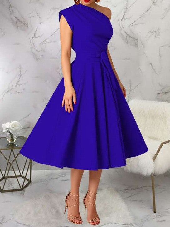 Charming One Shoulder Solid Pleated Sleeveless Blue Midi Dress
