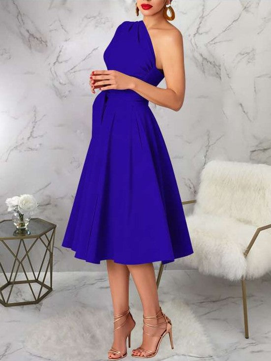 Charming One Shoulder Solid Pleated Sleeveless Blue Midi Dress
