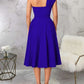 Charming One Shoulder Solid Pleated Sleeveless Blue Midi Dress