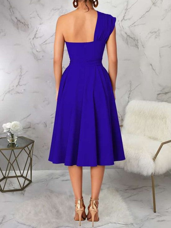 Charming One Shoulder Solid Pleated Sleeveless Blue Midi Dress