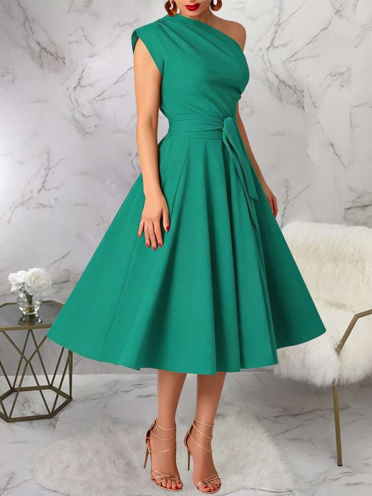 Charming One Shoulder Solid Pleated Sleeveless Green Midi Dress