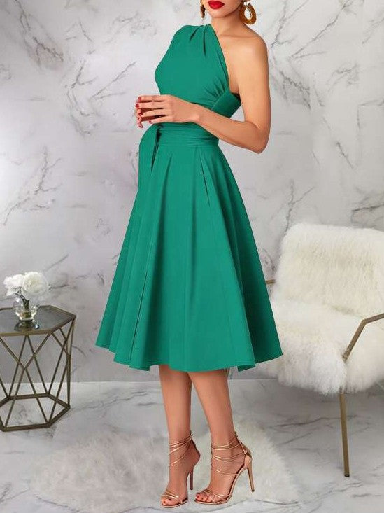 Charming One Shoulder Solid Pleated Sleeveless Green Midi Dress