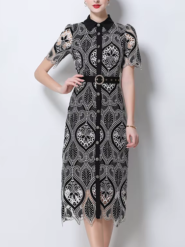Charming Peter Pan Collar Single Breasted Short Sleeve Black Lace Dress
