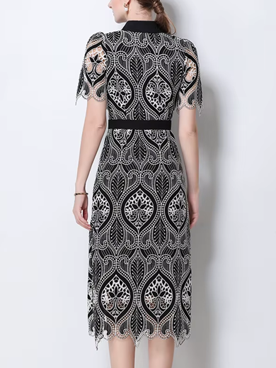 Charming Peter Pan Collar Single Breasted Short Sleeve Black Lace Dress