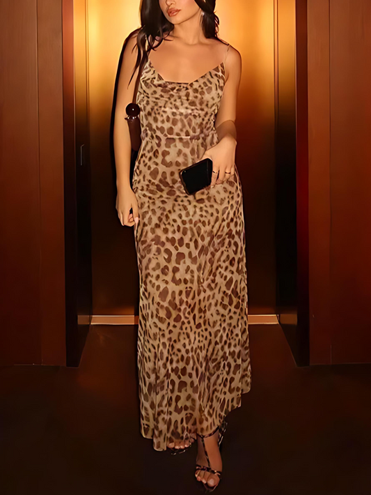 Chic Animal Print Cowl Neck Maxi Dress