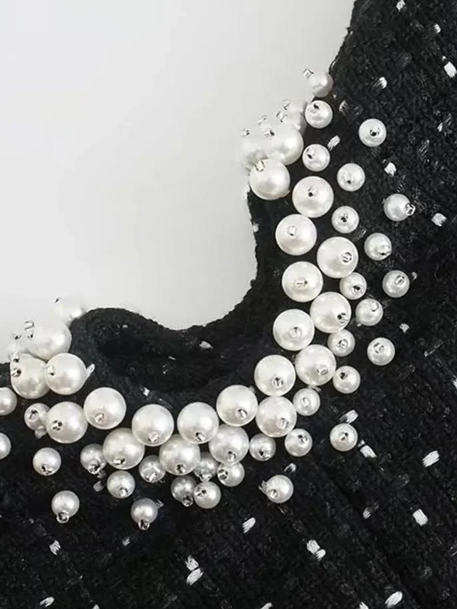 Chic Black Tweed Pearl Beaded Hollow Out Party Short Dress