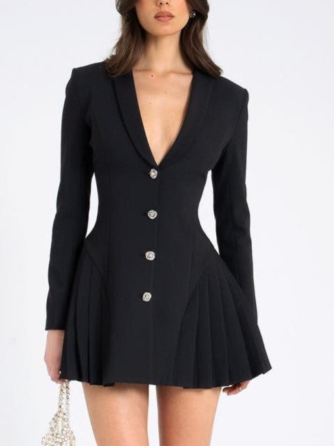 Chic Black Deep V Neck Pleated Mini Blazer Dress - Ships in 24 Hrs