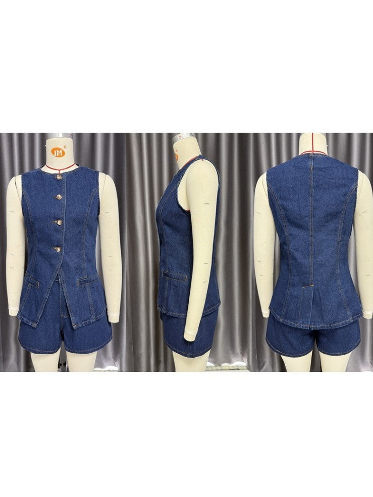 Chic Denim Button Up Shorts Blue Co ord Set