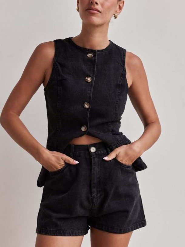 Chic Denim Button Up Shorts Black Co ord Set