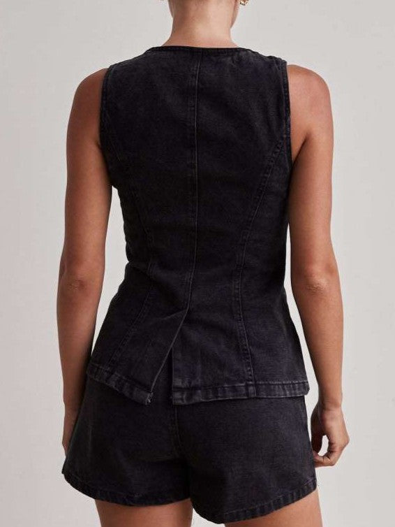 Chic Denim Button Up Shorts Black Co ord Set