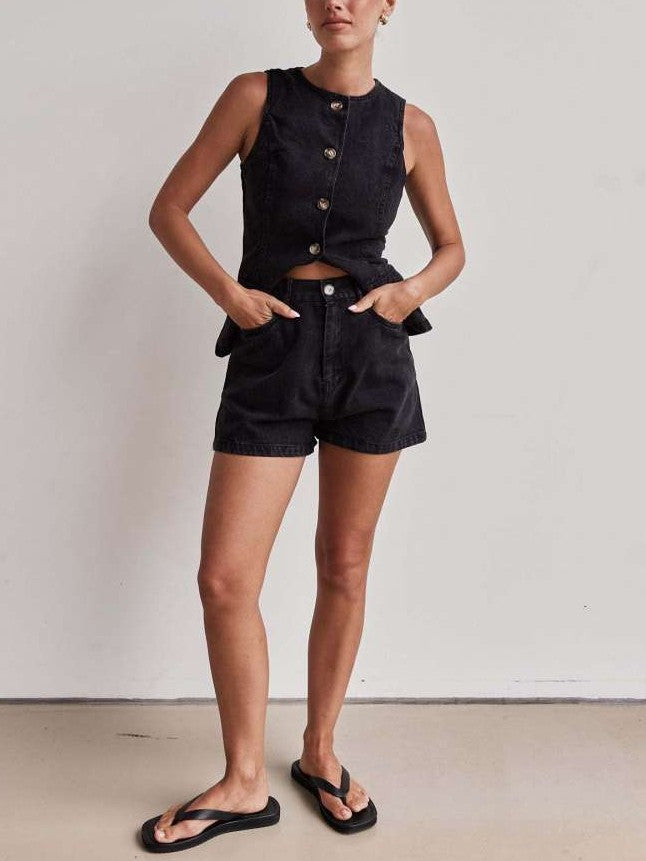 Chic Denim Button Up Shorts Black Co ord Set