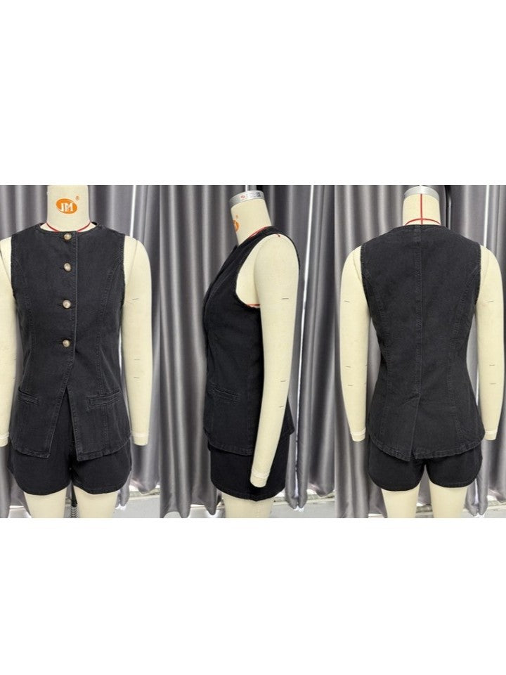 Chic Denim Button Up Shorts Black Co ord Set