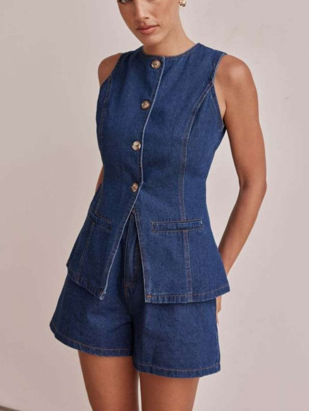 Chic Denim Button Up Shorts Blue Co ord Set