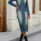 Chic Denim Long Sleeve Button Decor Split Dress
