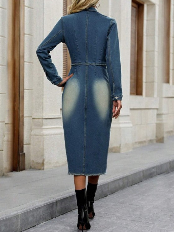 Chic Denim Long Sleeve Button Decor Split Dress