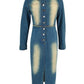 Chic Denim Long Sleeve Button Decor Split Dress