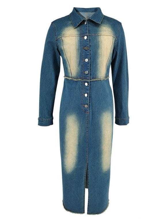 Chic Denim Long Sleeve Button Decor Split Dress