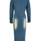 Chic Denim Long Sleeve Button Decor Split Dress
