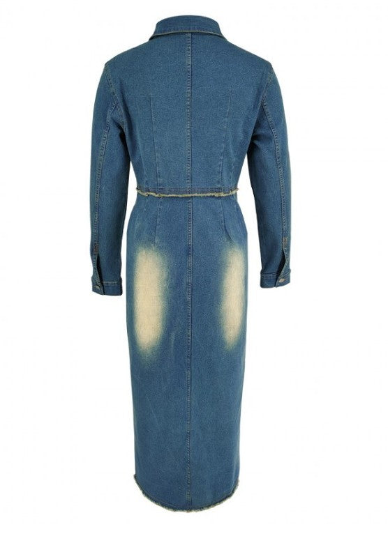 Chic Denim Long Sleeve Button Decor Split Dress