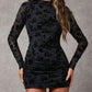 Chic Floral Mock Neck Backless Black Mini Dress