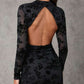 Chic Floral Mock Neck Backless Black Mini Dress