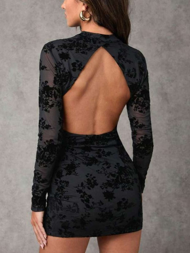 Chic Floral Mock Neck Backless Black Mini Dress