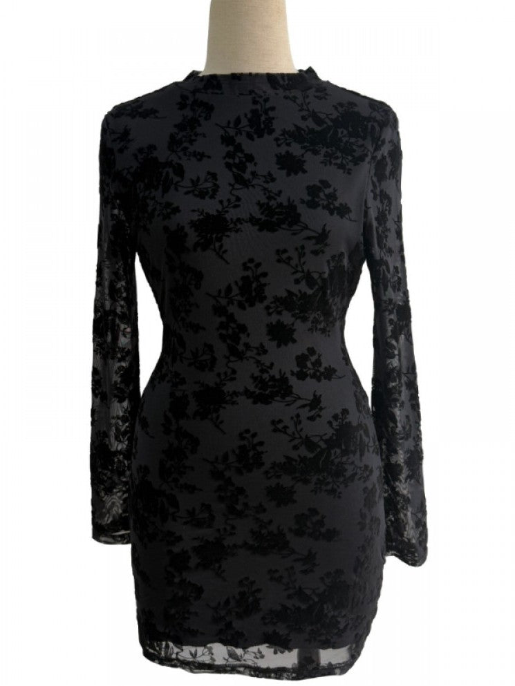 Chic Floral Mock Neck Backless Black Mini Dress