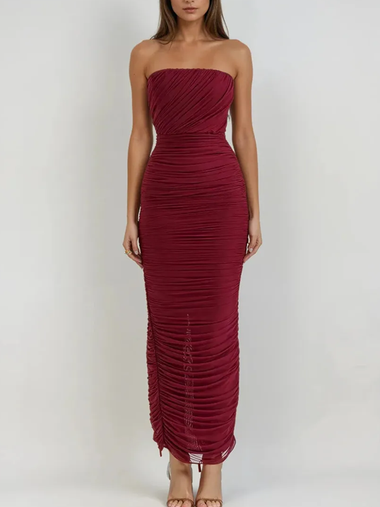 Chic Gradient Tube Strapless Ruched Red Maxi Dress