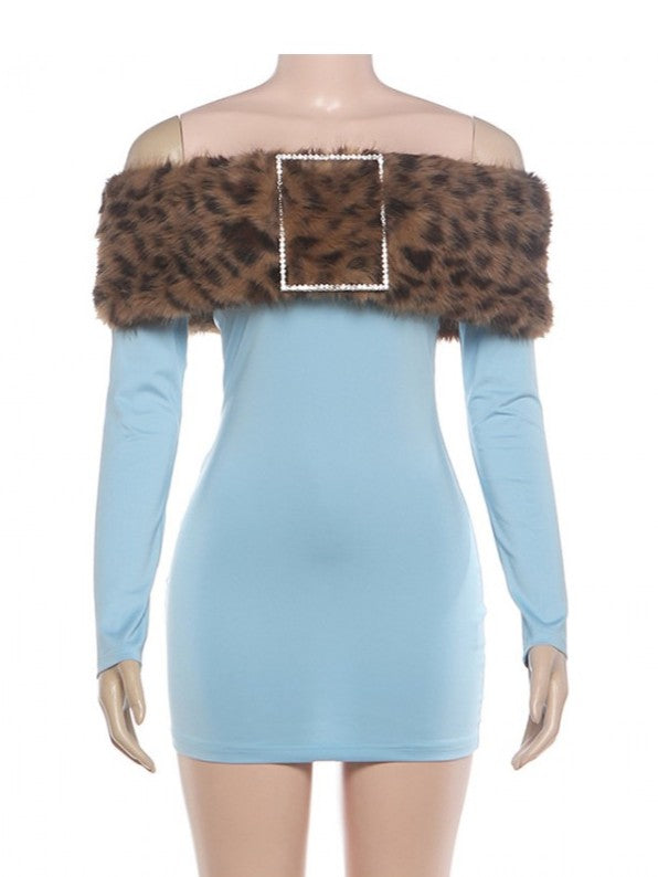 Chic Leopard Fur Off Shoulder Blue Mini Party Dress
