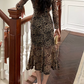Chic Leopard Print V Neck Long Sleeve Bodycon Dress