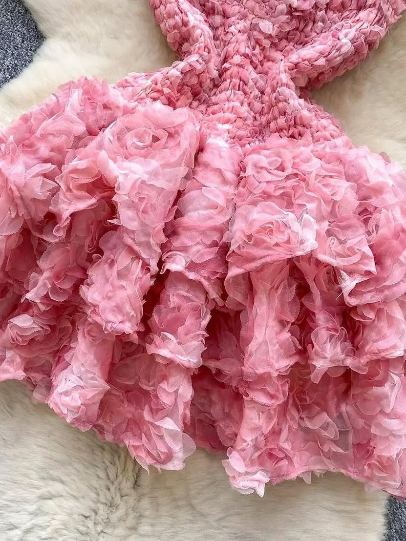 Chic Rose Applique Short Pink Dress