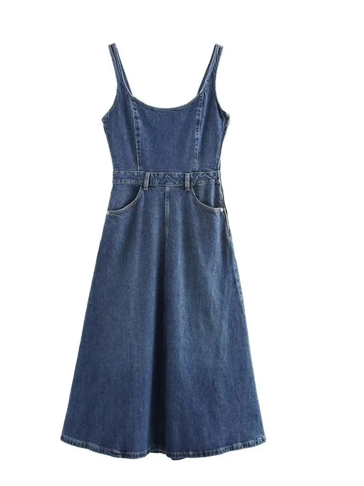 Chic Spaghetti Strap Denim Midi Dress