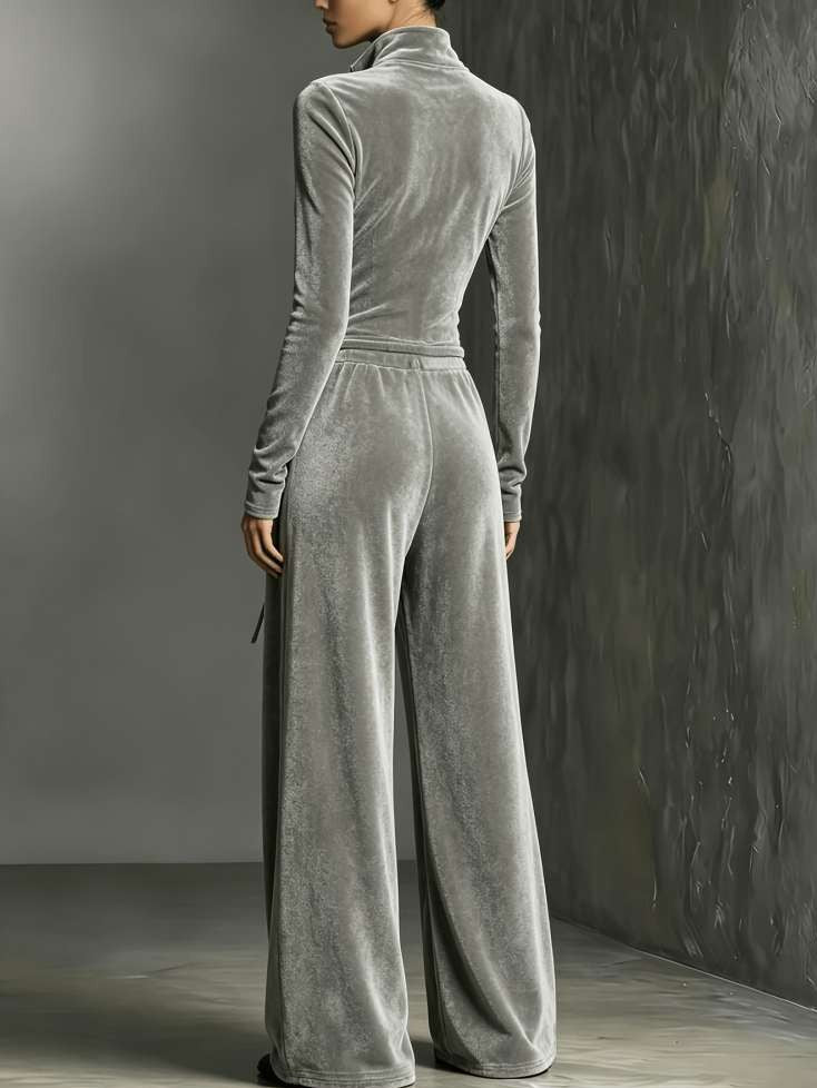 Chic Velvet Wide Leg Zip Up Long Jumpsuit With Belt