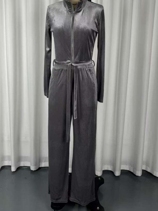 Chic Velvet Wide Leg Zip Up Long Jumpsuit With Belt