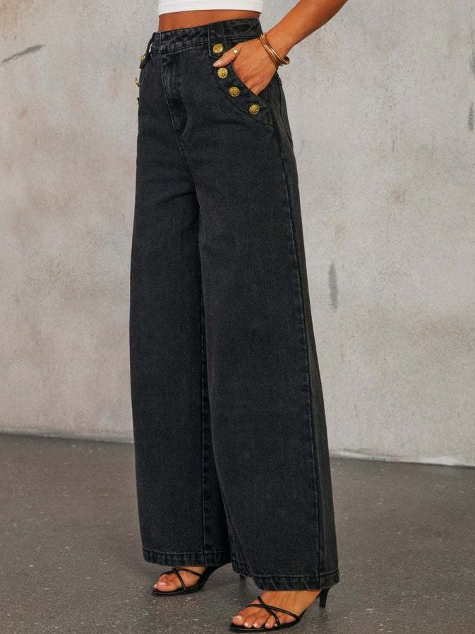 Classic Look Denim Crew Neck Sleeveless Top With Wide Leg Pants Black Co Ord Set