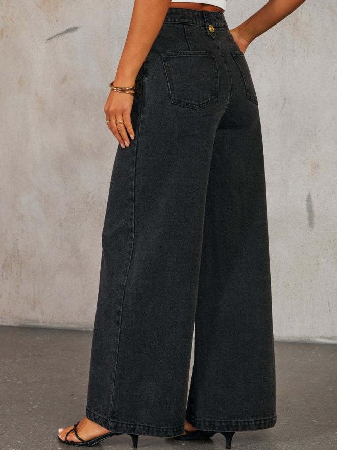Classic Look Denim Crew Neck Sleeveless Top With Wide Leg Pants Black Co Ord Set