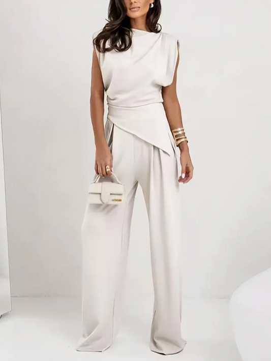 Classy Asymmetric Top With Tailored Pants White Set