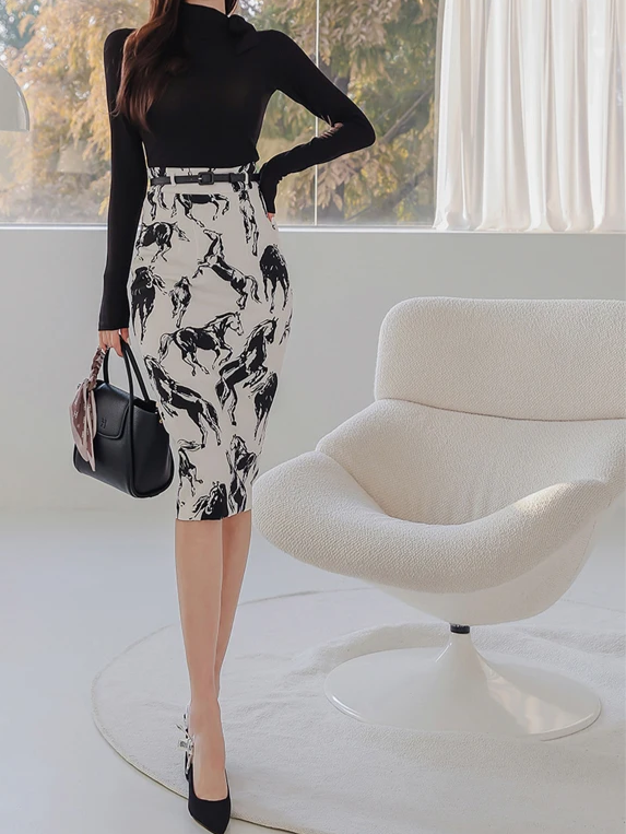 Classy Black Knit Top With Skirt Co ord Set