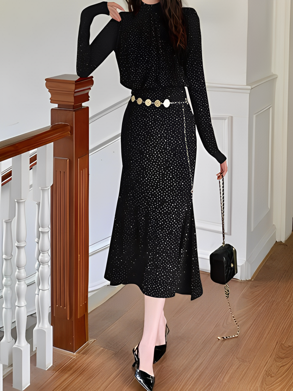Classy Bright Diamond Decor  Sheath Black Pencil Dress