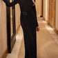 Classy Bucklle Decor Ribbons Long Sleeve Black Maxi Dress
