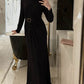 Classy Bucklle Decor Ribbons Long Sleeve Black Maxi Dress