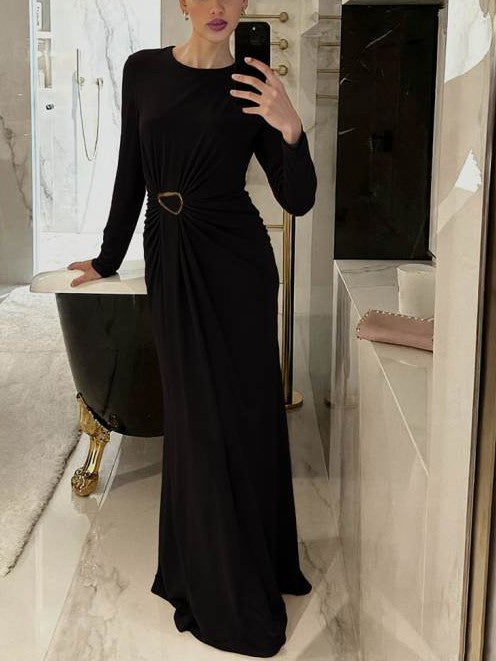 Classy Bucklle Decor Ribbons Long Sleeve Black Maxi Dress