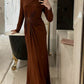Classy Bucklle Decor Ribbons Long Sleeve Brown Maxi Dress