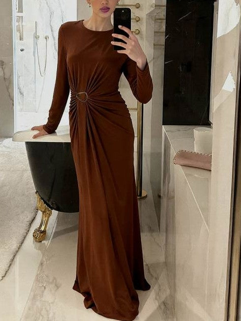 Classy Bucklle Decor Ribbons Long Sleeve Brown Maxi Dress