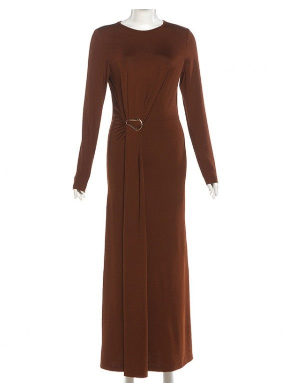 Classy Bucklle Decor Ribbons Long Sleeve Brown Maxi Dress